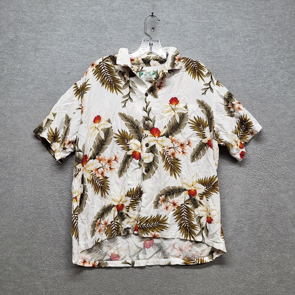 VINTAGE Two Palms Men Button Up Shirt L White Brown Hawaiian Shirt